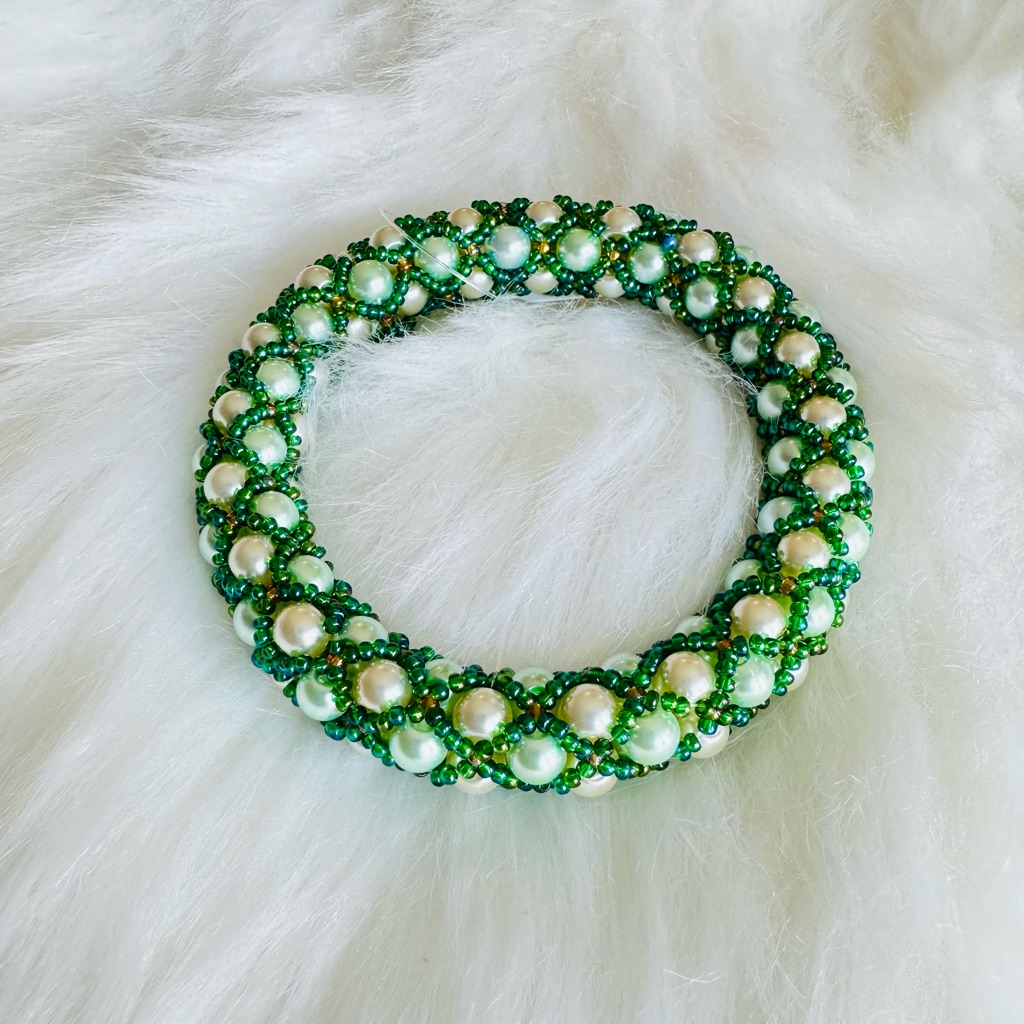 Handmade Chunky Beaded Bangle Minty Green Faux Pearls